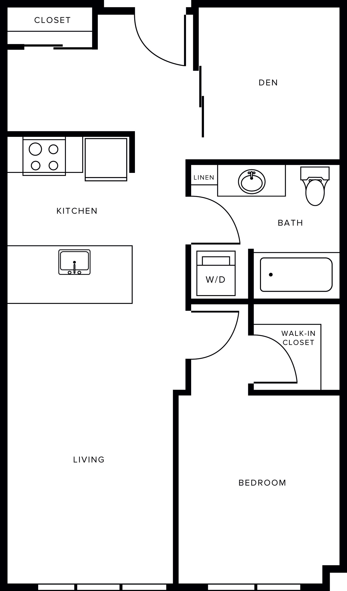 Floor plan for 1 bed, 1 bath, 713 sqft